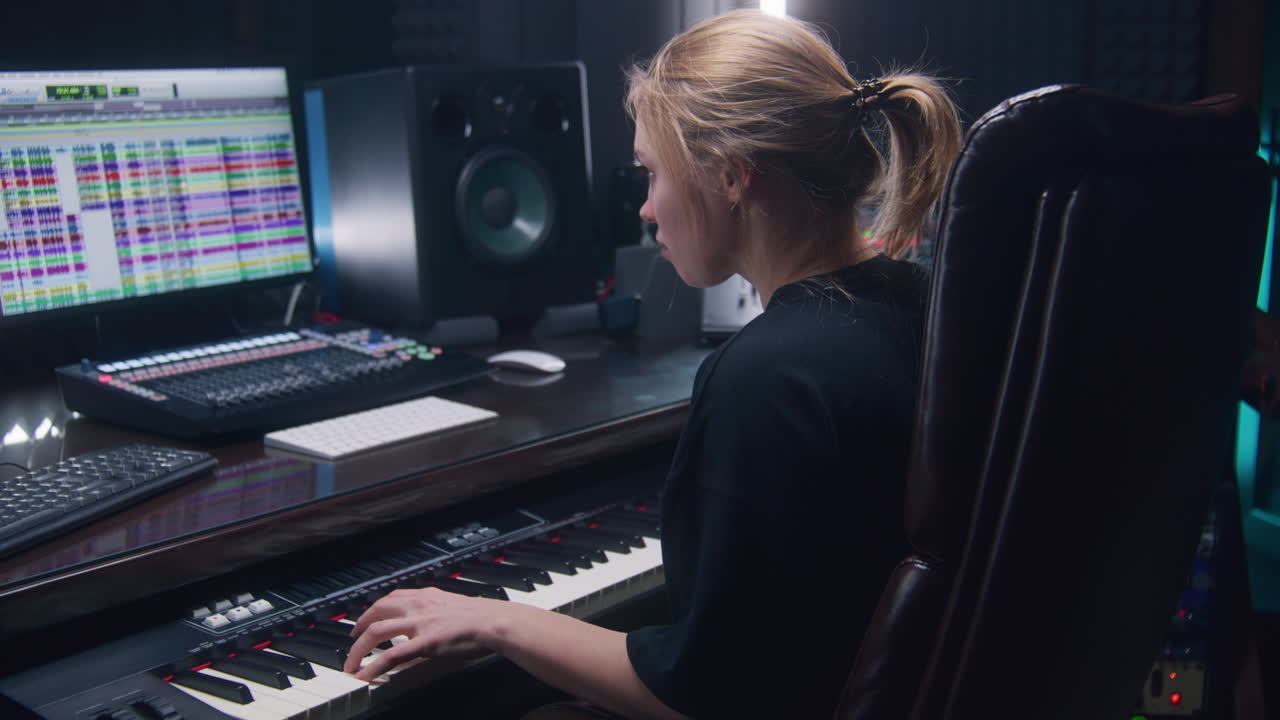 Woman Playing Keyboard in Recording Studio