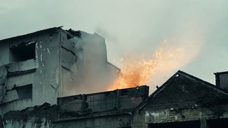 explosion engulfs a building in smoke and fire, creating a scene of destruction and chaos in an urban environment