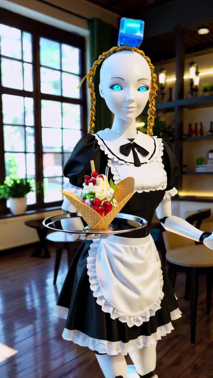 Robot Maid Serving Dessert in a Cafe