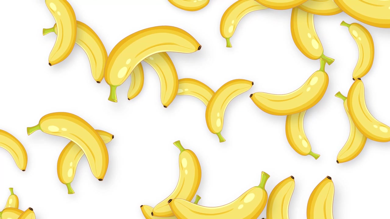 Banane gialle animate cadono continuamente su uno sfondo bianco pulito con ombre morbide.