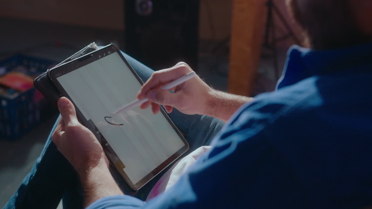 Illustrator Drawing Bird Sketch on Digital Tablet with Stylus