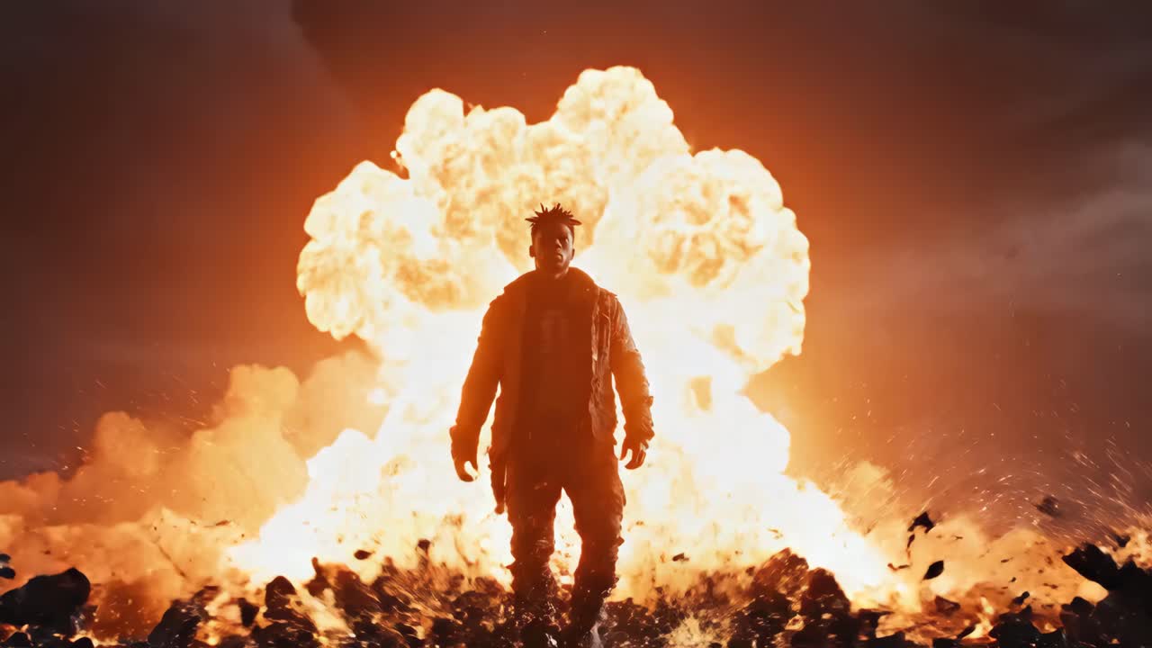 Man stands defiantly in front of a massive explosion