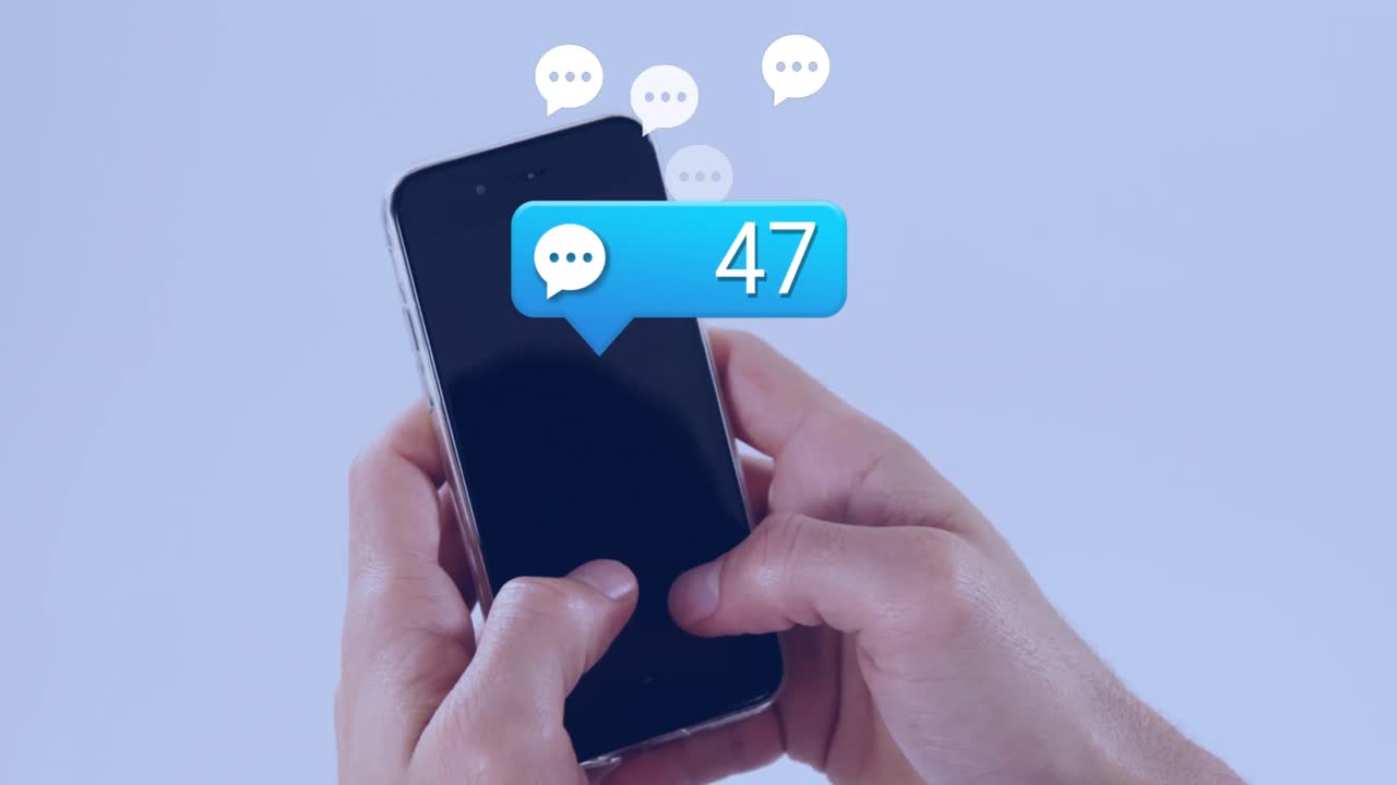 animación de iconos de redes sociales que caen sobre una persona que usa un teléfono inteligente