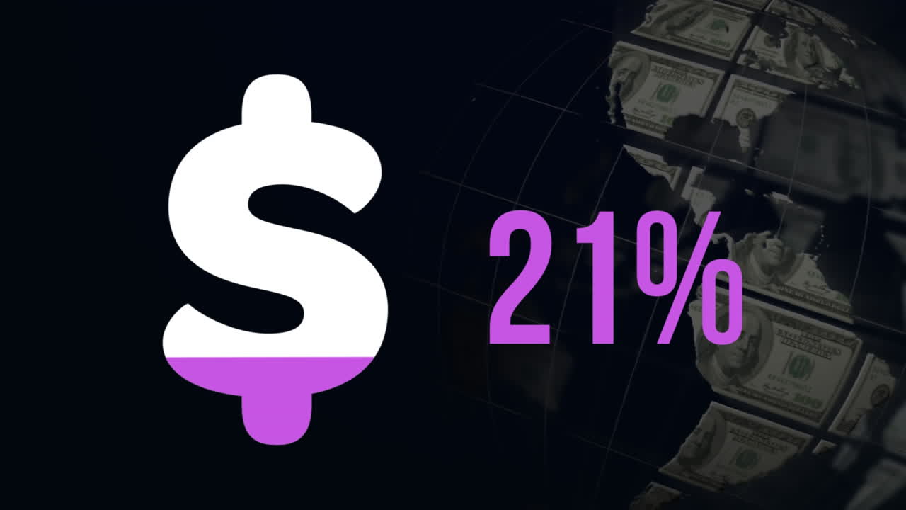 símbolo de dólar y porcentaje creciente en color con globo giratorio