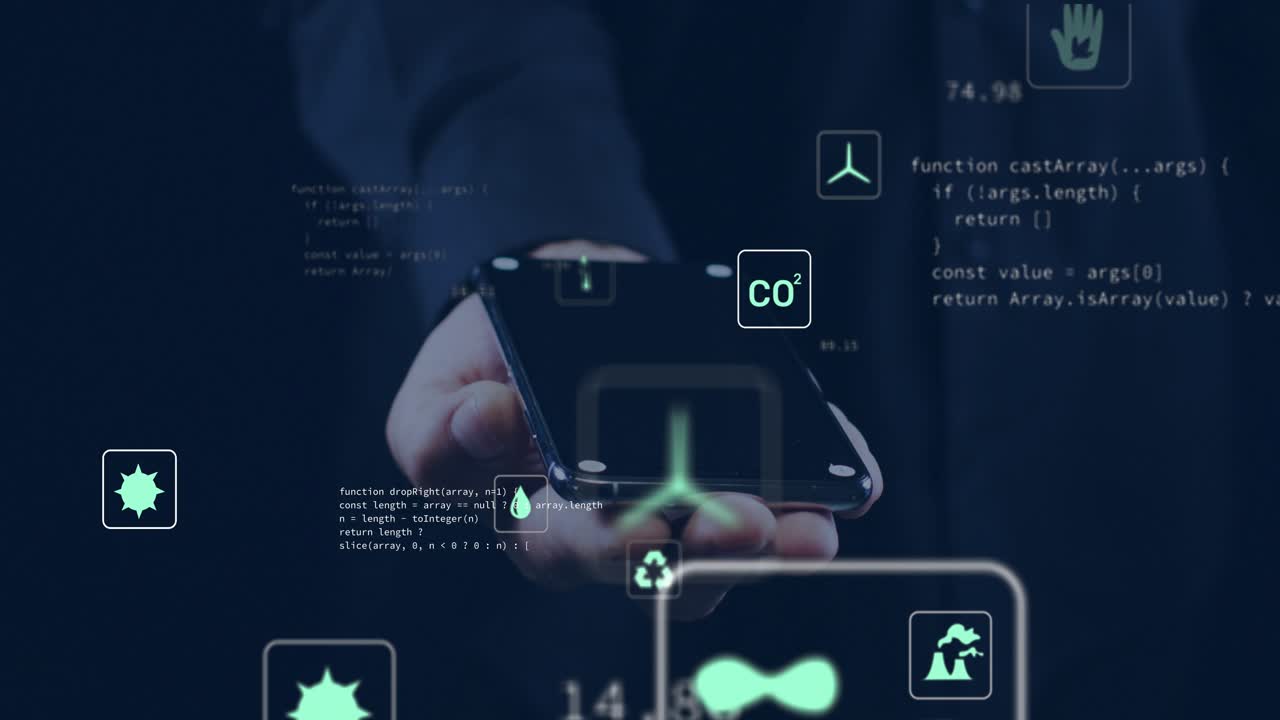 Mid adult man presenting smartphone on open palm, animating icons and code overlays for eco data