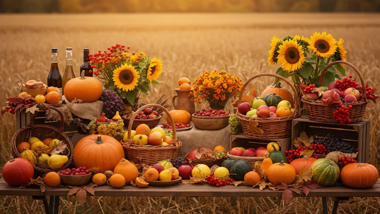 A Vibrant Autumn Harvest Display Featuring Pumpkins, Sunflowers, and a Colorful Array of Fruits and Vegetables Capturing the Essence of Seasonal Bounty