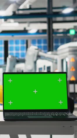 vertical video isolated chroma key screen on laptop in solar panels manufacturing plant