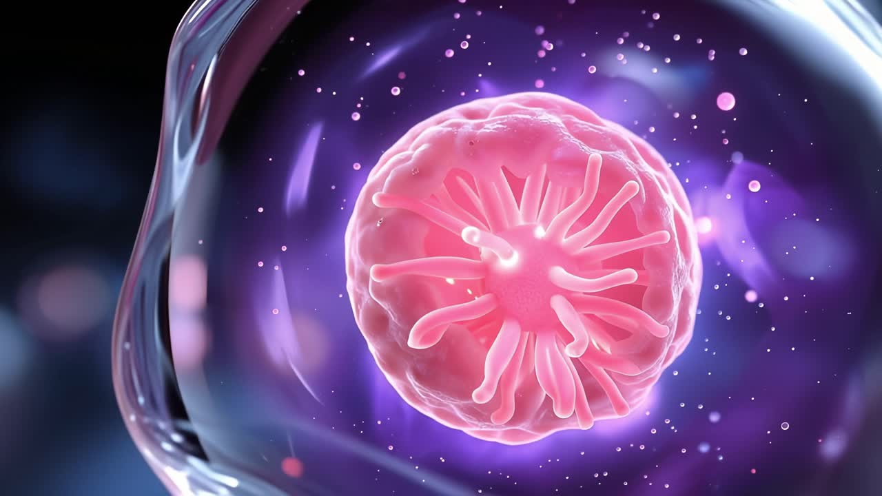 Un sorprendente viaggio visivo attraverso le strutture cellulari, che cattura la bellezza intricata delle cellule e le loro interazioni dinamiche in un colorato ambiente cosmico.