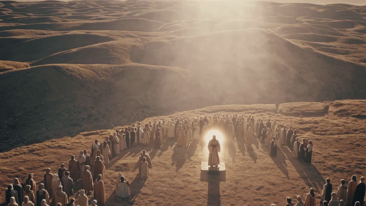 A figure stands on a platform surrounded by a large crowd in a vast, sunlit landscape