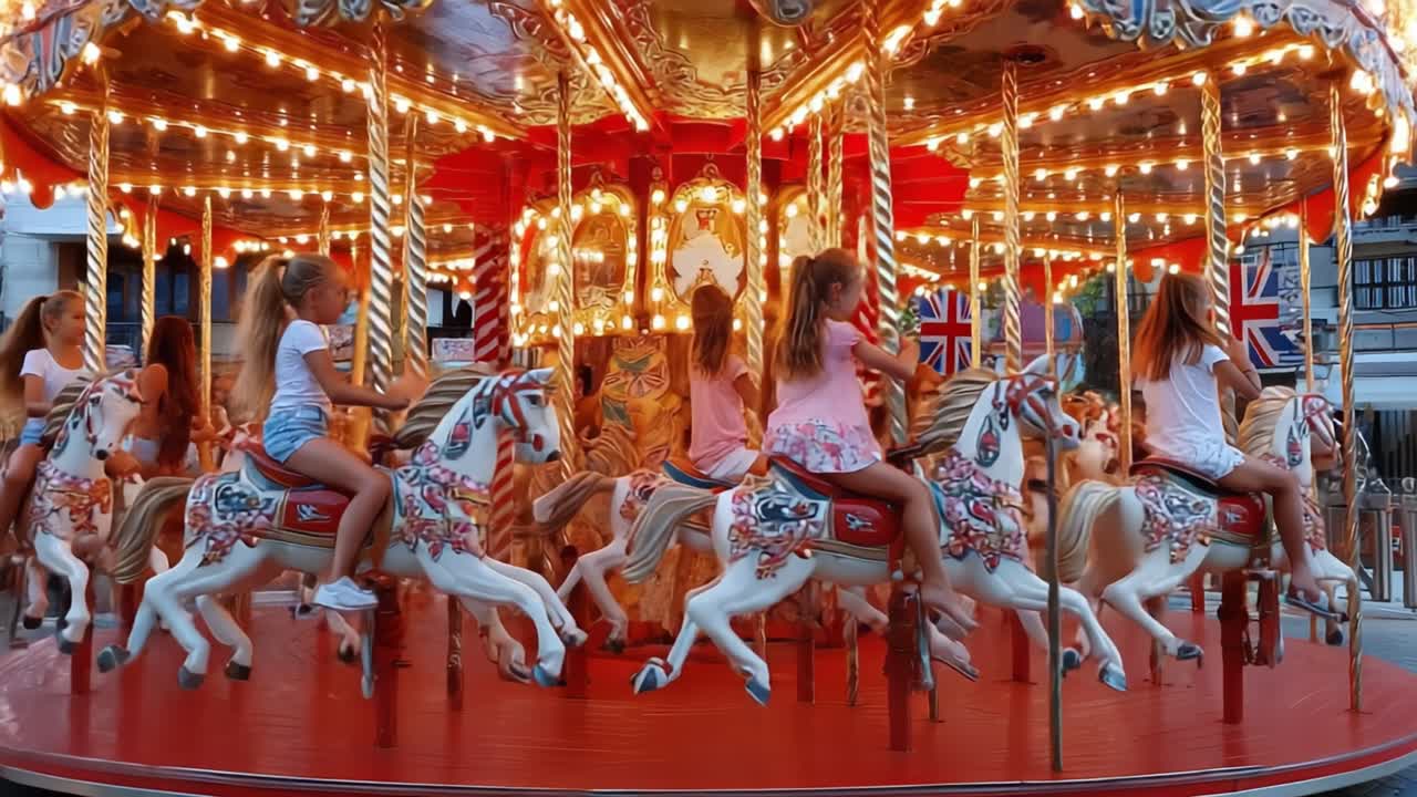 Children Enjoying a Colorful Carousel Ride at Sunset, Surrounded by Bright Lights and Beautiful Horse Statues, Capturing Joyful Moments of Laughter and Fun