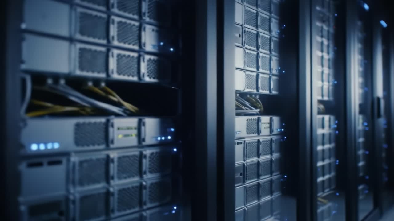 Visit a modern data center showcasing cutting-edge servers, illuminated storage racks, and robust networking infrastructure. Discover the technology that powers our digital world.