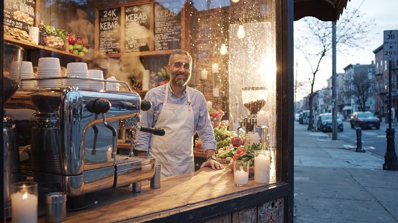 Un accogliente chiosco di kebab al tramonto: Un venditore amichevole serve ingredienti freschi e deliziosi kebab con un'atmosfera calda e una vivace strada cittadina all'esterno