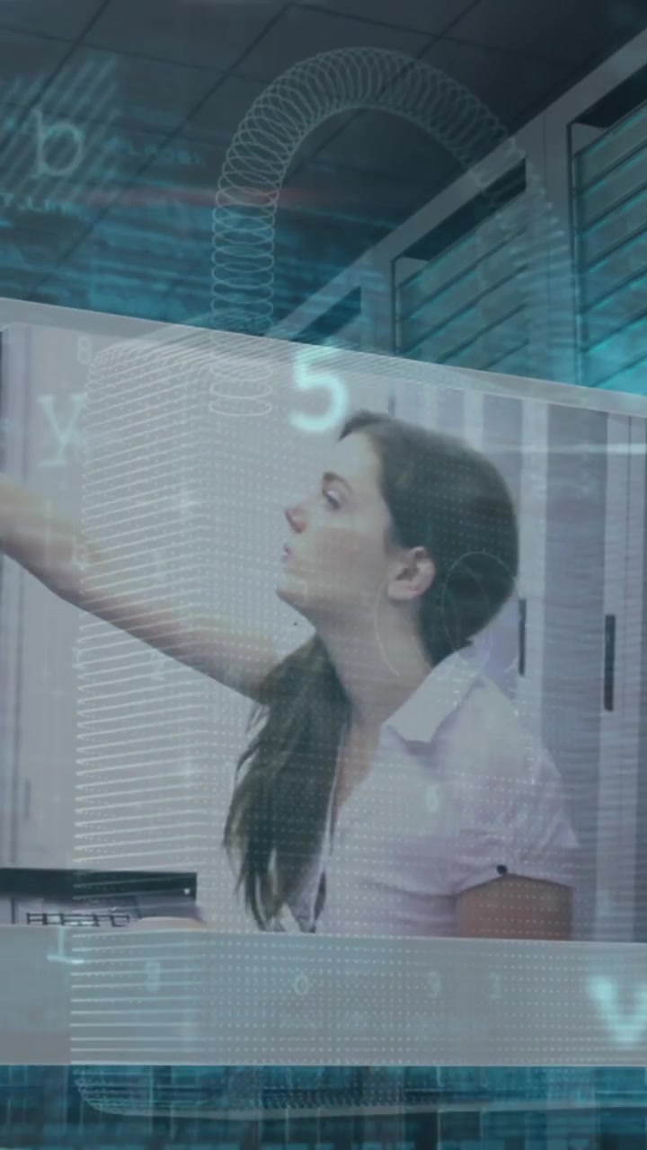 Animation of cyber attack warning over caucasian woman in server room