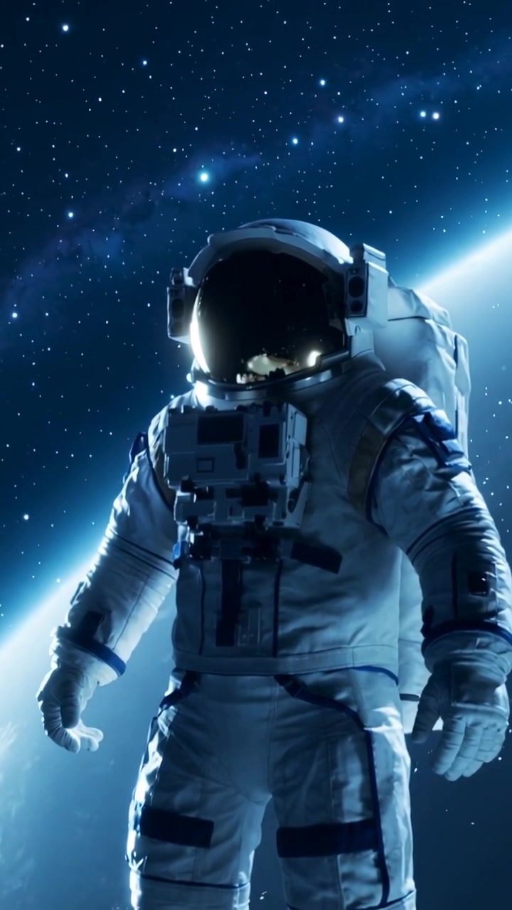 Video vertical: Astronauta deslizándose en traje espacial, girando el casco cerca del limbo de un planeta debido a la gravedad cero, PLSS