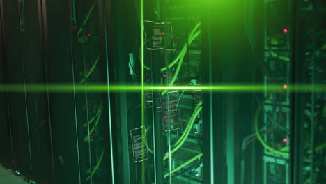 green laser scanning over server racks and digital data processing animation