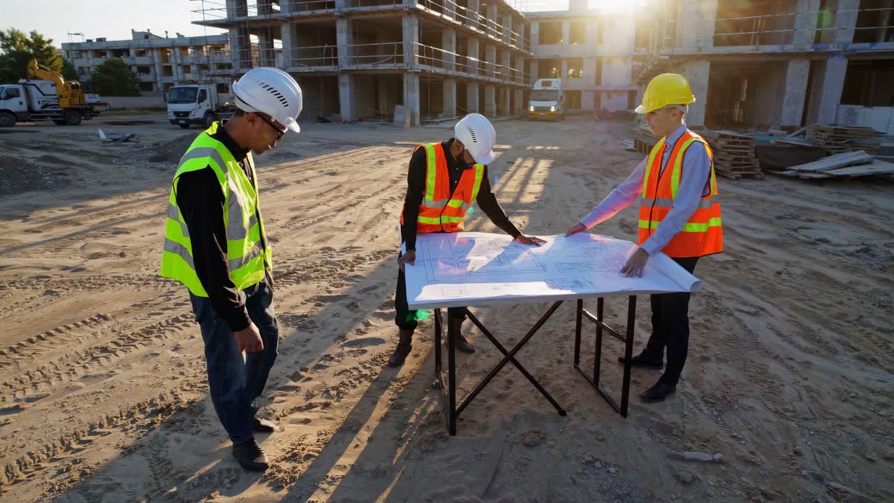 Construction Workers Reviewing Building Plans on a Construction Site