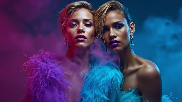 Due donne con piume blu e rosa che posano per una foto
