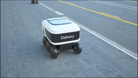 automated delivery robot service driving on urban street. modern smart wireless robot delivers goods or food to a customer. new technological iot business industry of delivery logistic of online shop