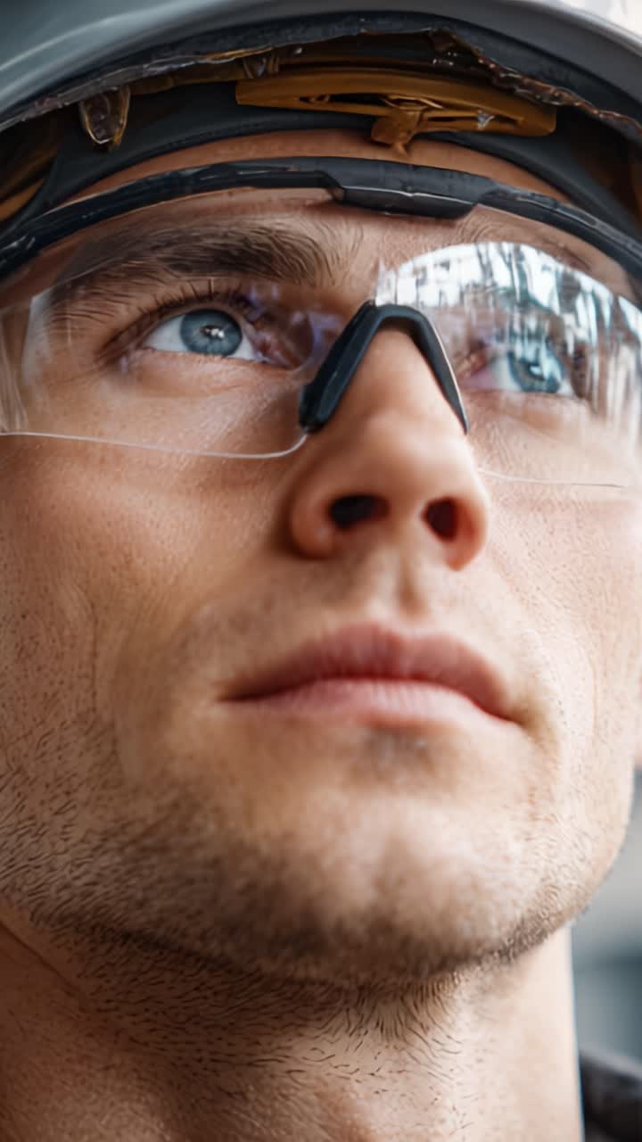 Focused Worker in Safety Gear, Highlighting Industrial Safety and Dedication to Work Ethics with Visibility in Expression and Attention to Detail