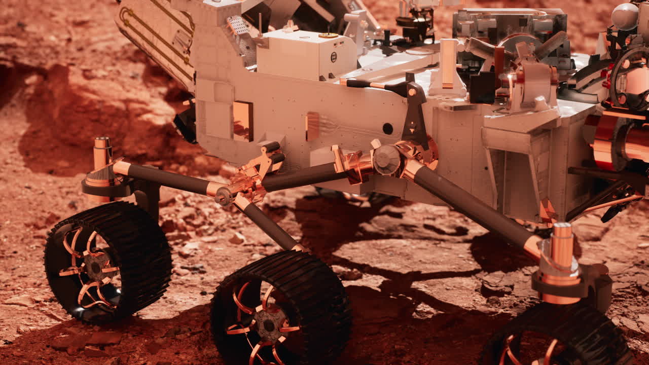 Mars-kulkija Perseverance tutkimassa punaista planeettaa. Nasan toimittamia elementtejä