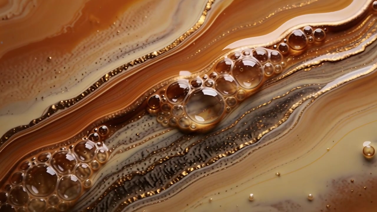 Formando una stretta cresta ambrata che spinge bolle lucide che si fondono, scorrendo su macro scanalature rivestite di pagliuzze d'oro.