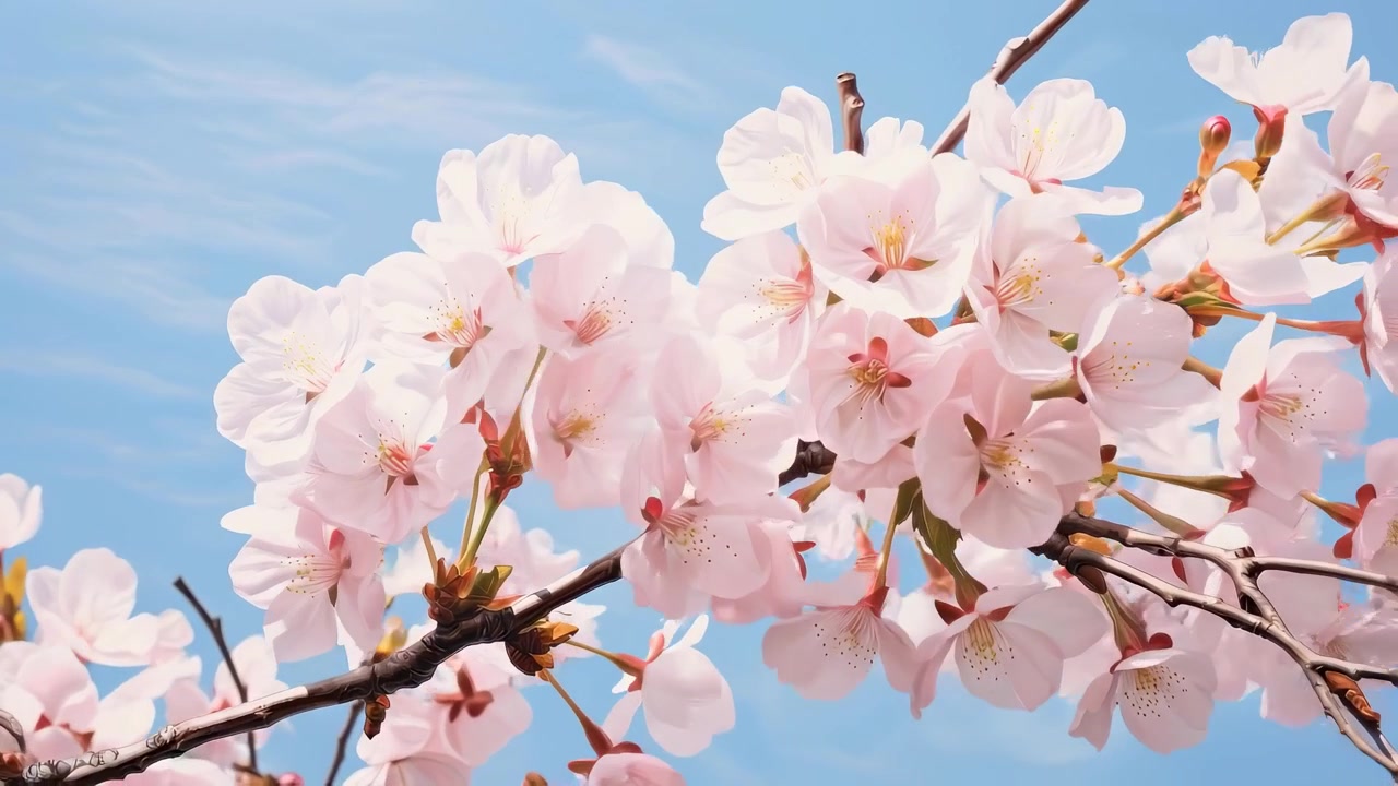 Delicati fiori di ciliegio rosa che sbocciano contro un cielo azzurro e limpido