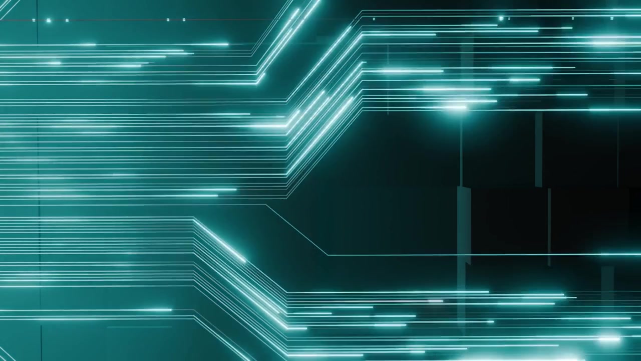 Linee blu luminose futuristiche che formano schemi di circuiti dinamici su uno sfondo scuro. Concetto di tecnologia astratta e flusso di dati digitali. Design per banner, intestazione, sfondo e poster verticale.