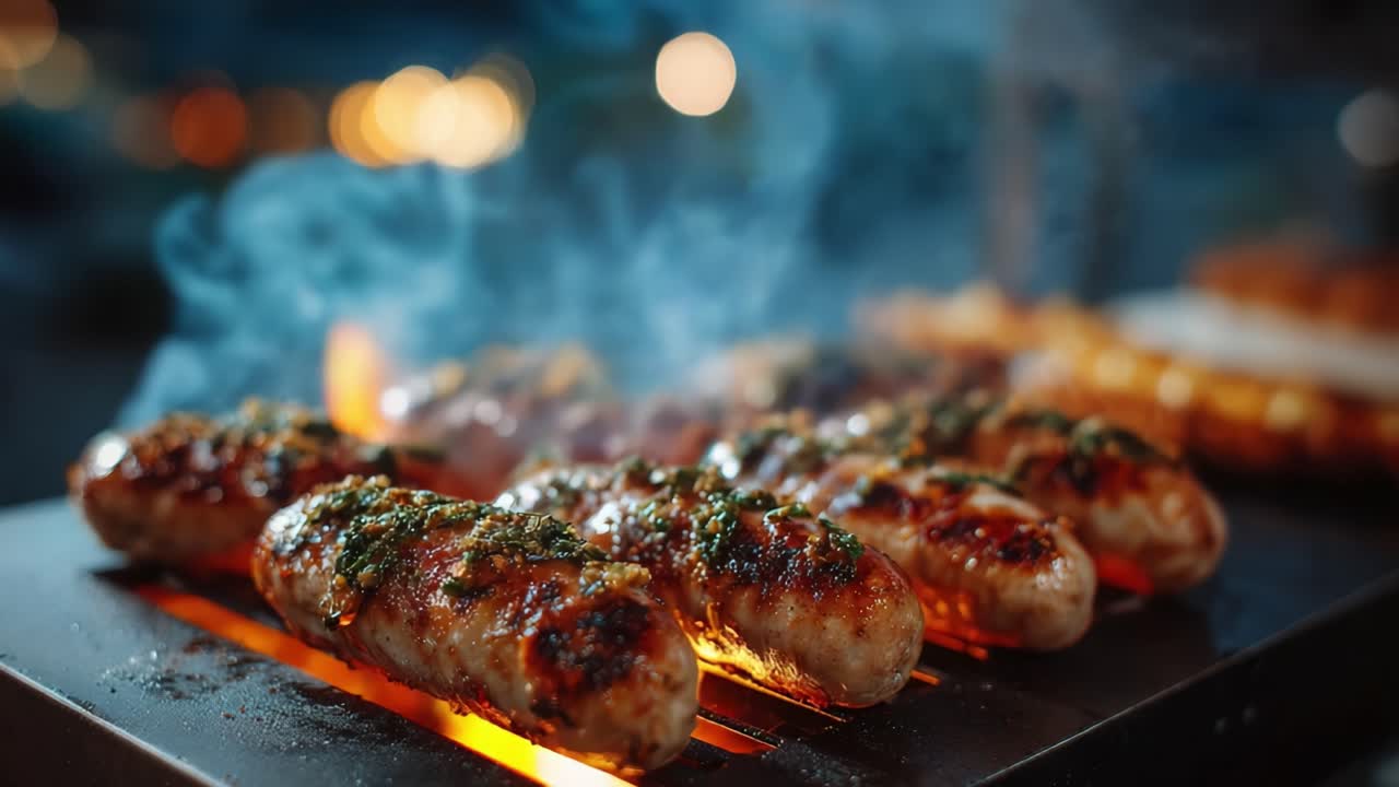 Salsicce deliziosamente grigliate con sapore affumicato ed erbe su una griglia per barbecue, catturando l'essenza della cucina all'aperto e del piacere culinario