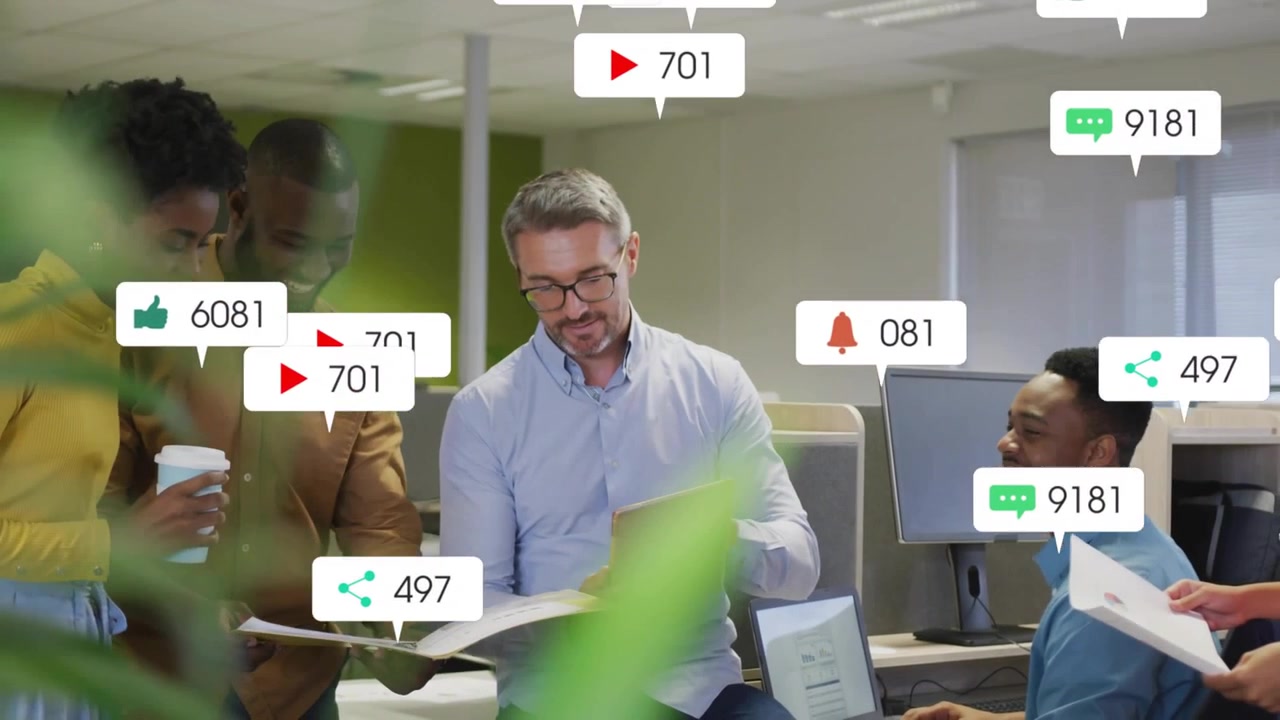 Team around lead with tablet, tapping and sharing marketing, notification bubbles rising over docs