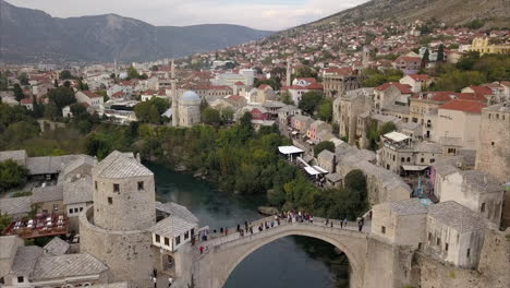 Aerial-shot-of-Stari-Most,-old-bridge,-in-Mostar