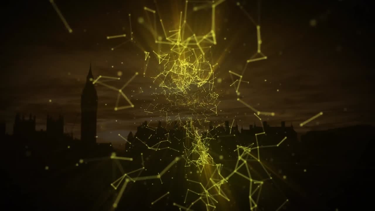 도시 풍경에 맞서 움직이는 노란색 연결 네트워크