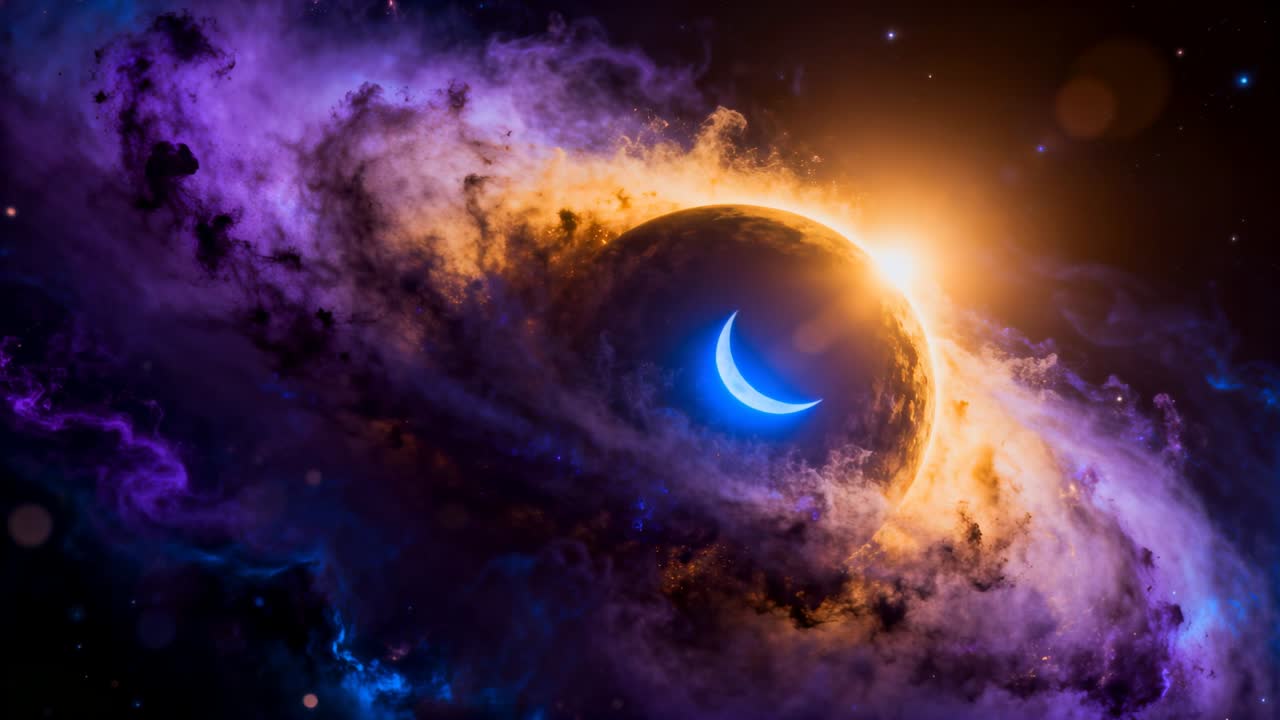 Emitting golden rim, dark sphere causing nebula rotating in deep space, blue crescent pulsing