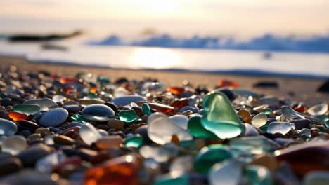 sunset illuminated sea glass scattered on sandy shoreline, weathered fragments glistening with soft pastel hues, heart shaped piece symbolizing coastal tranquility and natural beauty