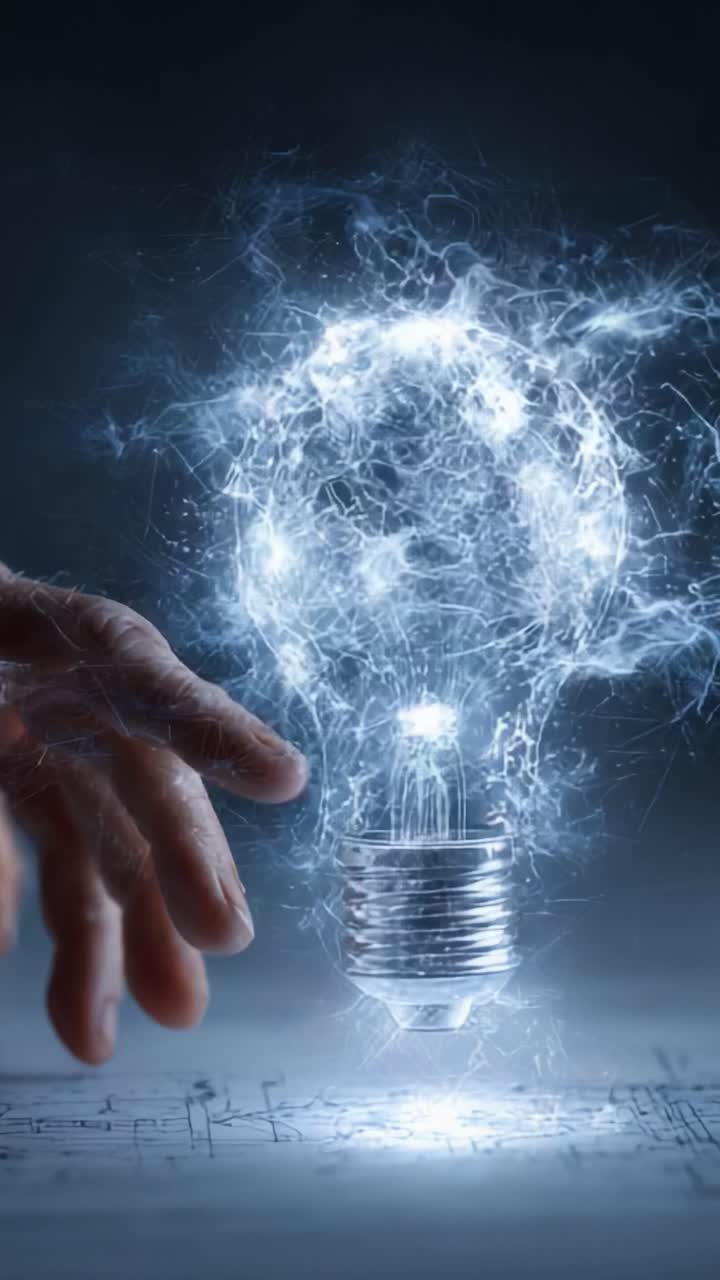 Una straordinaria dimostrazione di creatività e innovazione: una mano che si protende verso una lampadina incandescente ed elettricamente carica, circondata da energia eterea e ispirazione