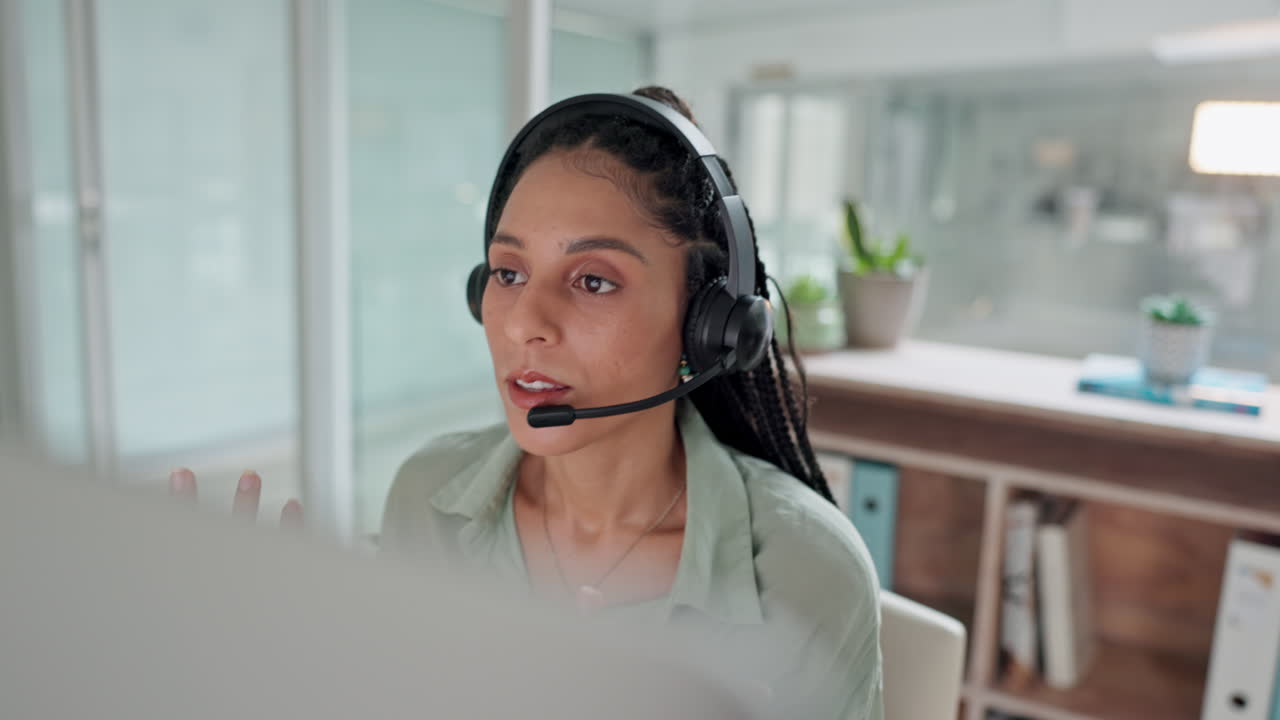 Woman, call center and consulting on headphones