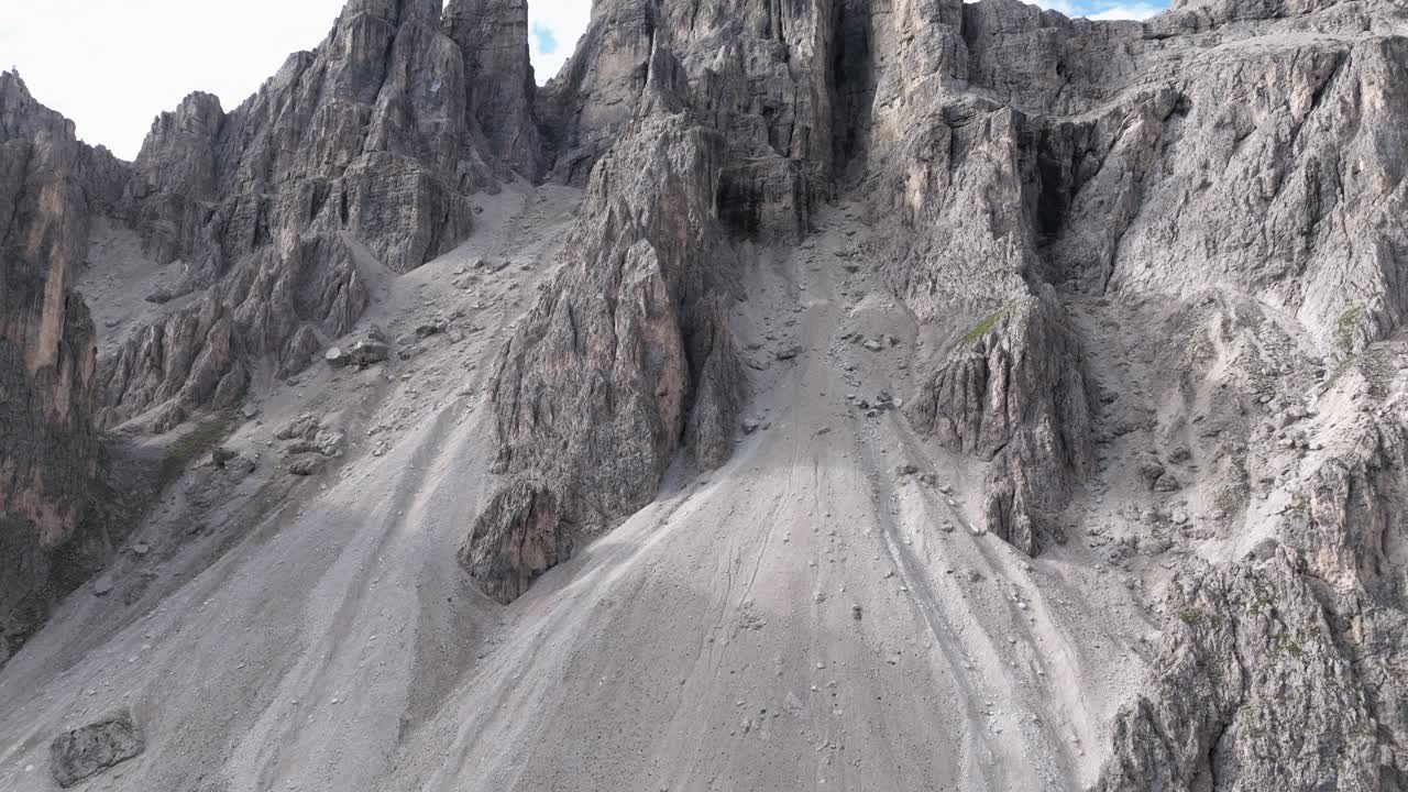 Stunning view of the Dolomites in the Natural Park Puez Geisler in South Tyrol, showcasing the characteristic rugged limestone formations, loose gravel slopes, and pockets of greenery