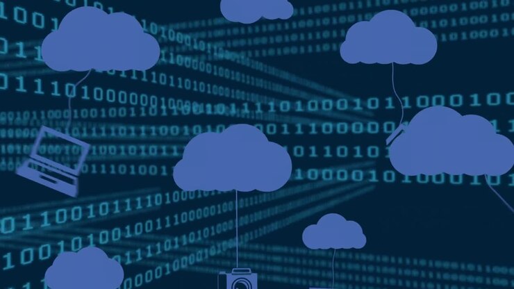 Animation of cloud icons and data processing over dark background