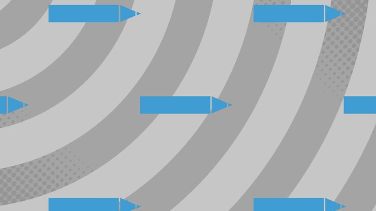 Animation of blue pencils over grey stripes patterned background