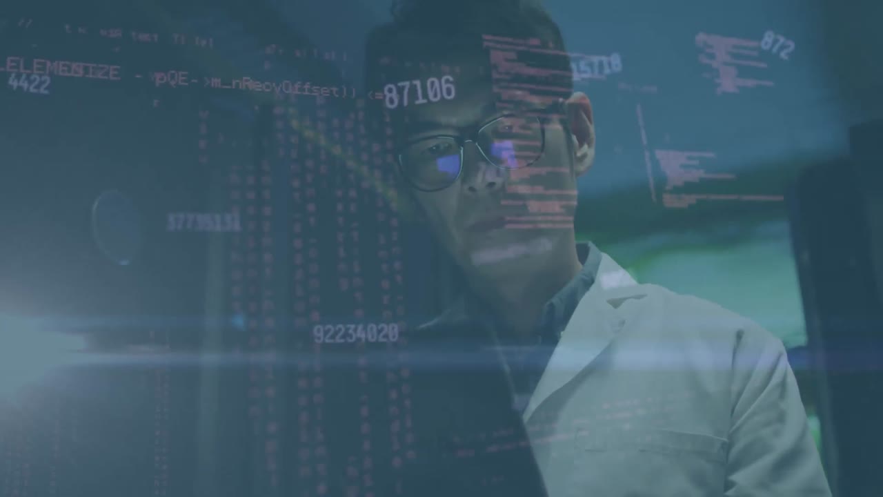 Animation of data processing against asian male engineer using digital tablet at server room