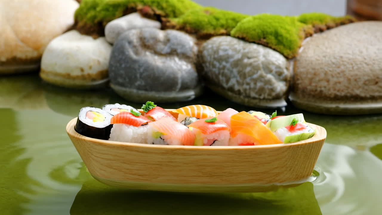 Barca per Sushi Galleggiante Su Stagno Verde, Vassoio di Legno Con Assortimento di Nigiri, Maki, Sashimi Presentato Accanto a Muschio