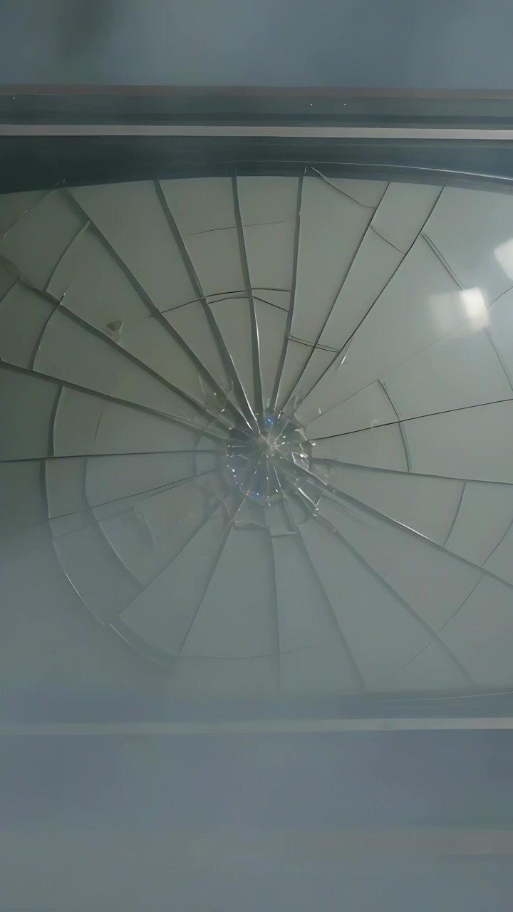 Video verticale: Telecamera che si inclina mostrando un impatto centrale su vetro rotondo con crepe a ragnatela e un riflesso a destra nell'abitacolo.