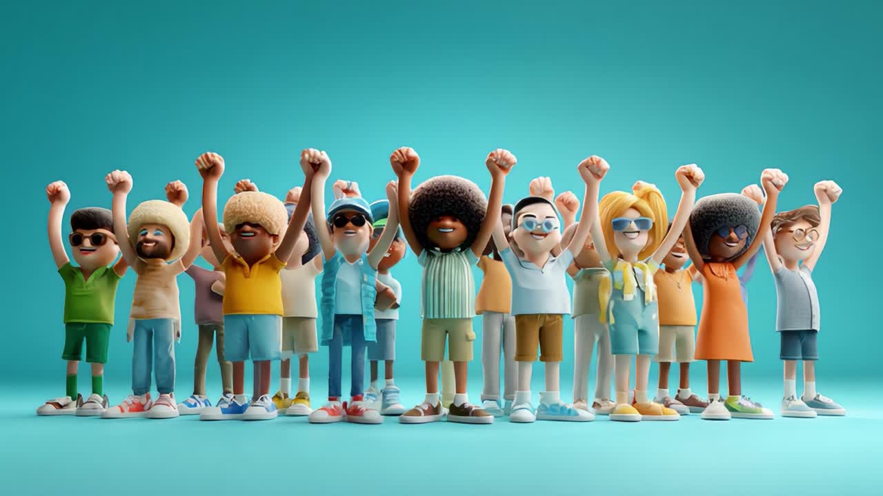 A Vibrant Group of Diverse Characters Celebrating Together with Raised Fists, Exuding Joy and Unity in a Colorful Digital Illustration Set Against a Bright Turquoise Background