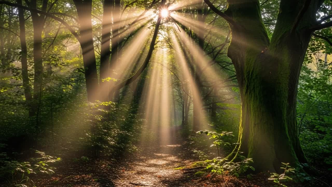 Glorious Sunlight Streaming Through Trees in a Lush Forest, Illuminating a Serene Path with Golden Rays Creating a Magical Atmosphere