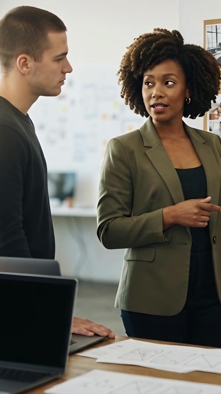 Vertical video: Starting review, woman in olive blazer gesturing at diagrams at desk, man listening