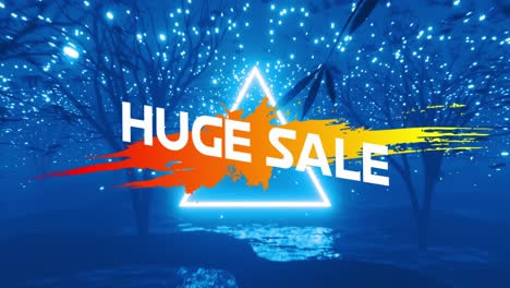 Animation-of-huge-sale-text-with-orange-shapes-and-white-triangle-over-blue-trees-and-lights