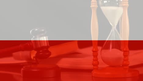 Digitally-animation-of-Poland-Flag,-hour-glass-and-gavel-4k