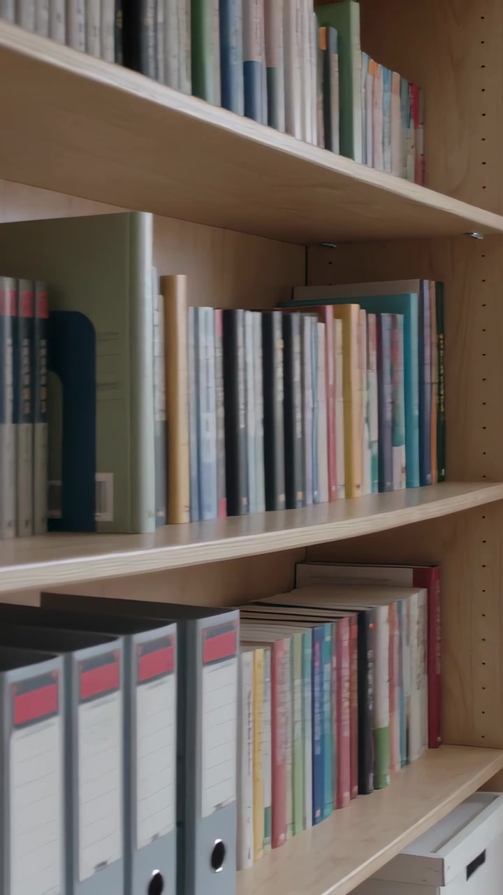 Vertical video: Camera panning revealing shelf in study for view, showing red binders, blue bookend