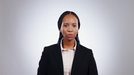 no, face and black woman in studio with finger