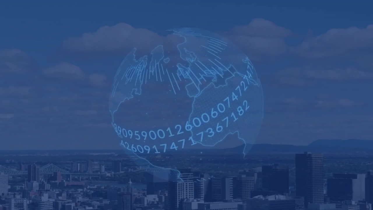 데이터 처리 및 도시 풍경 위의 지구의 애니메이션