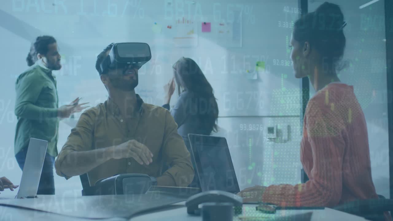 Animation of financial data processing over diverse business people in office